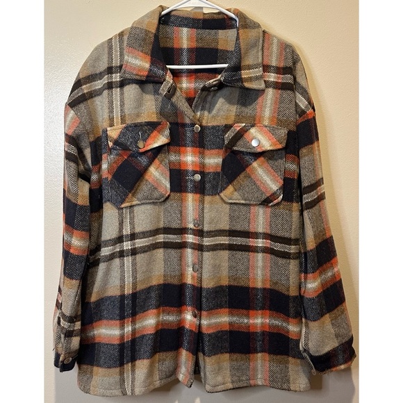Source Unknown Tops - Source Unknown Plaid Button-Down Shacket in Black, Tan & Orange